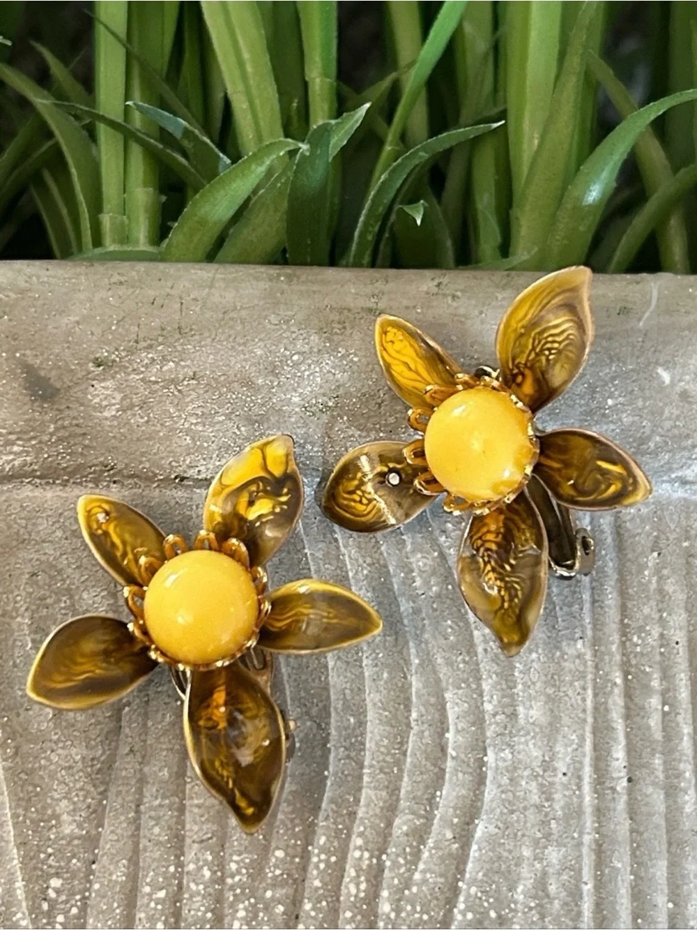 Vintage Yellow Flower Clip-On Earrings amber colored petals unique